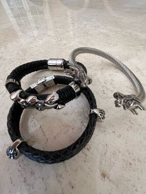 Men's Black Braided Leather & Stainless-steel Bracelet Set (3)